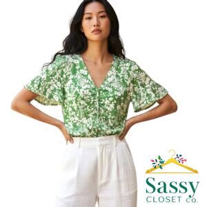 MICHAEL KORS Green White Floral Ruched Top L Flounce Sleeve Empire Waist EUC